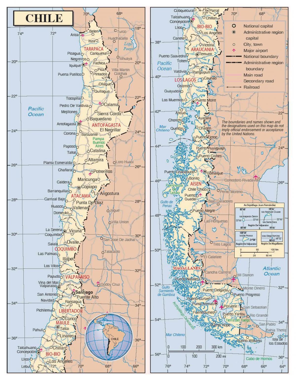 칠레의 지도와 함께 도시
