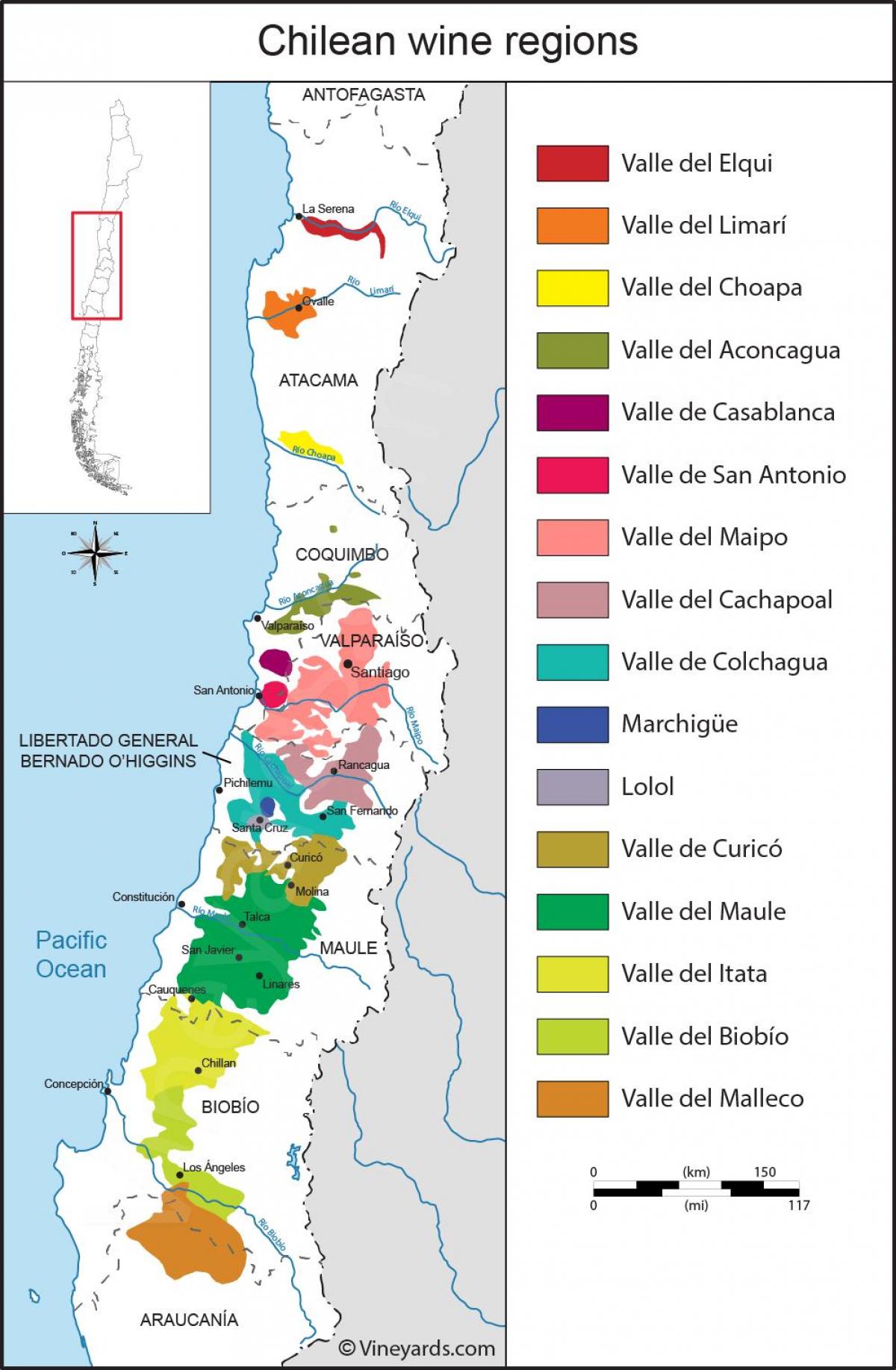 칠레의 지도 와인 지역 